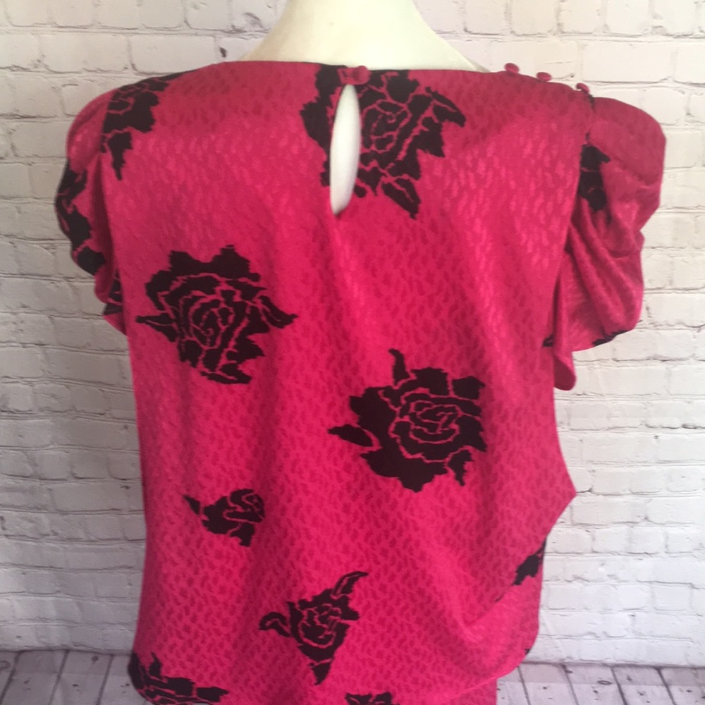 Vintage 80’s TF Satin Floral Bright Pink Knee Length Peplum Dress - Picture 9 of 14